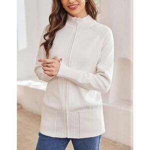 NWT Grace Karin White Zip‎ Front Ribbed Hem Cardigan Knit Blend Sweater Size M